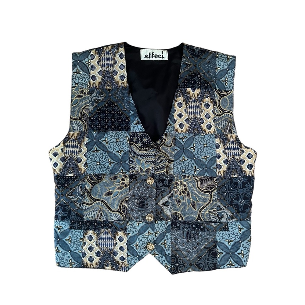 Vintage Effeci Beaded Patchwork Vest Blue & Gold 80s 90s Boho Cottagecore Medium
